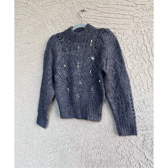 ASTR REVOLVE Gray Jewel Embellished Mock Neck Puff Sleeve Pointelle Wool Sweater - Picture 5 of 14